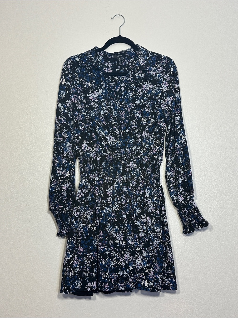 Aqua Black Floral Long-Sleeve Smocked Waist Dress